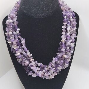 Amethyst Gemstone Chip Multi Strand Statement Necklace Purple Silver Tone 16in